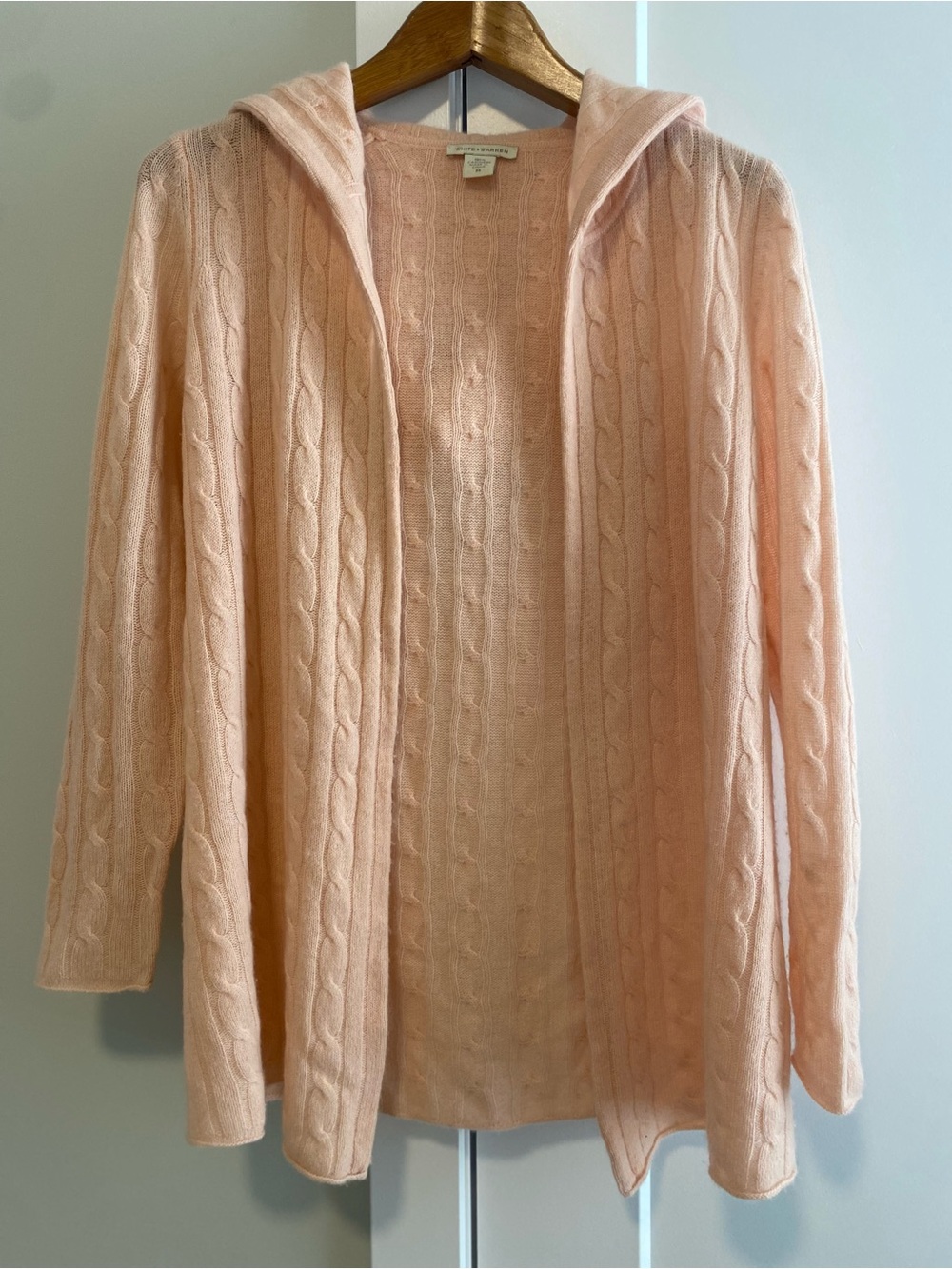 White + Warren Blush Cable-Knit Hooded Open Cardigan